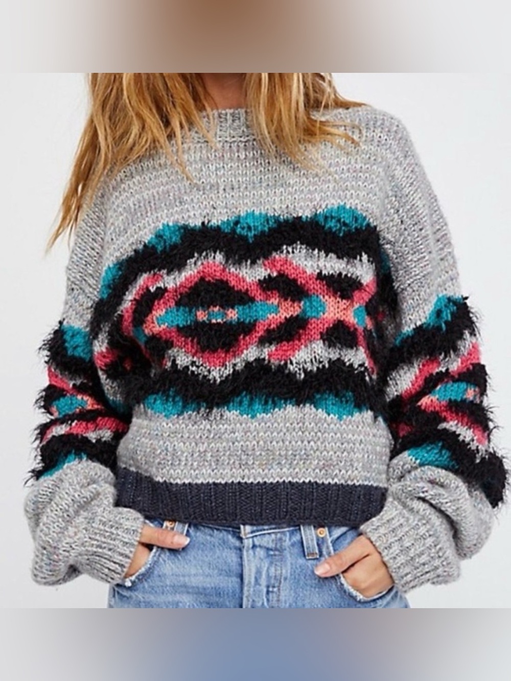 Free People I Heart You Cropped Knit Multi-Color Sweater Size Small boxy